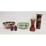 Group of Art Deco lustred pottery bowls and vases comprising a Maling ruby red lustre waisted