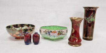 Group of Art Deco lustred pottery bowls and vases comprising a Maling ruby red lustre waisted
