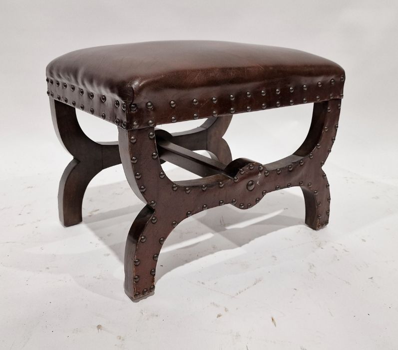 Mahogany and brown leather studded X-framed stool,  37 h x49cm wide