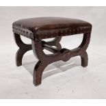 Mahogany and brown leather studded X-framed stool,  37 h x49cm wide