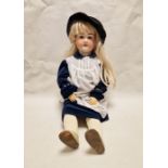 German bisque headed child doll, marked to back of head A16M, open brown eyes, blonde wig, composite