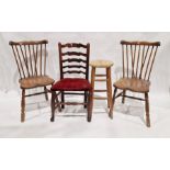 Pair of oak stickback chairs, a 19th century mahogany ladderback chair with red upholstered seat and