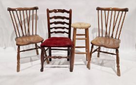 Pair of oak stickback chairs, a 19th century mahogany ladderback chair with red upholstered seat and