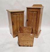 Pine pot cupboard, 37.5cm, a light oak pot cupboard, 36.5cm and a wooden crate 'Irish Freestate