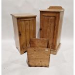 Pine pot cupboard, 37.5cm, a light oak pot cupboard, 36.5cm and a wooden crate 'Irish Freestate