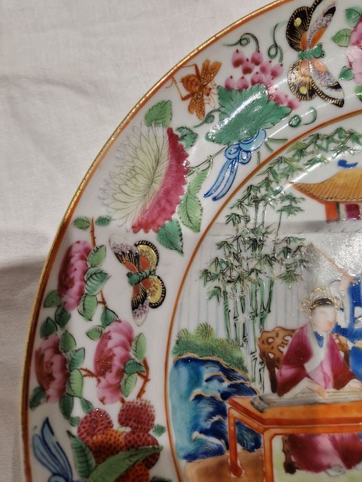 19th century Cantonese plate, painted in the famille rose palette, painted with figures in an - Image 3 of 19