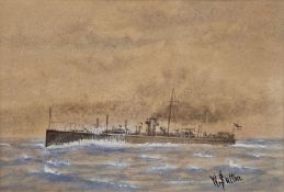 William Sutton Watercolour Study of a WW1 destroyer or torpedo boat, signed lower right, framed
