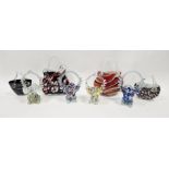 Laguna Murano glass vase in the form of a handbag, white cased glass with black and red swirls,