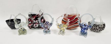 Laguna Murano glass vase in the form of a handbag, white cased glass with black and red swirls,