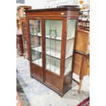 Edwardian mahogany glazed display cabinet, leaded glazed stained glass doors, bracket
