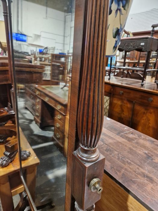 Mahogany cheval robing mirror, the rectangular plate with ebonised borders, on reeded uprights, - Image 3 of 13