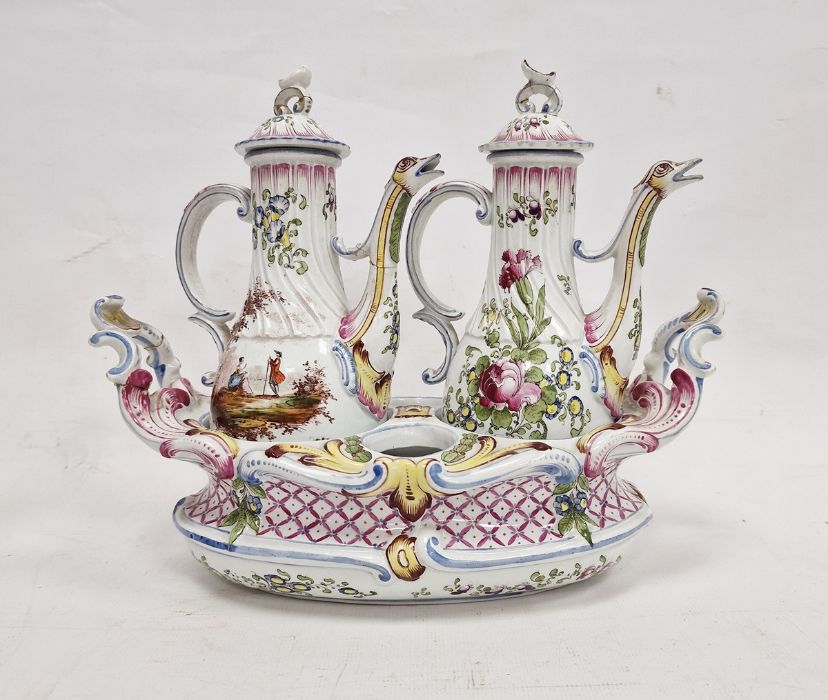 French Faience Rococo cruet set, 19th century, in the mid-18th century style, spurious blue Veuve
