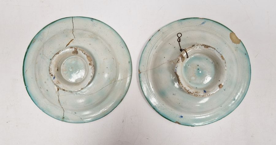 Pair of antique continental tin-glazed earthenware shallow dishes with geometric decoration in - Image 2 of 3