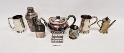 EPNS teapot, pint mug, child's mug, EPNS-mounted glass and leather spirit flask, horn-handled