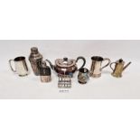 EPNS teapot, pint mug, child's mug, EPNS-mounted glass and leather spirit flask, horn-handled