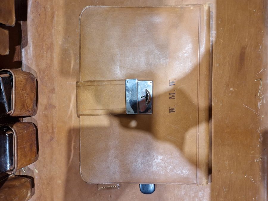 Large leather suitcase with part fitted interior of bottles, brushes, mirrors, etc, with name plaque - Image 30 of 32