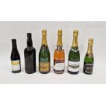 Six bottles of various wines and champagne including Henri Harlin champagne, Ruinart champagne,