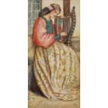 Circa 1900 watercolour on board depicting a young woman seated playing a harp, indistinctly