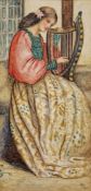 Circa 1900 watercolour on board depicting a young woman seated playing a harp, indistinctly