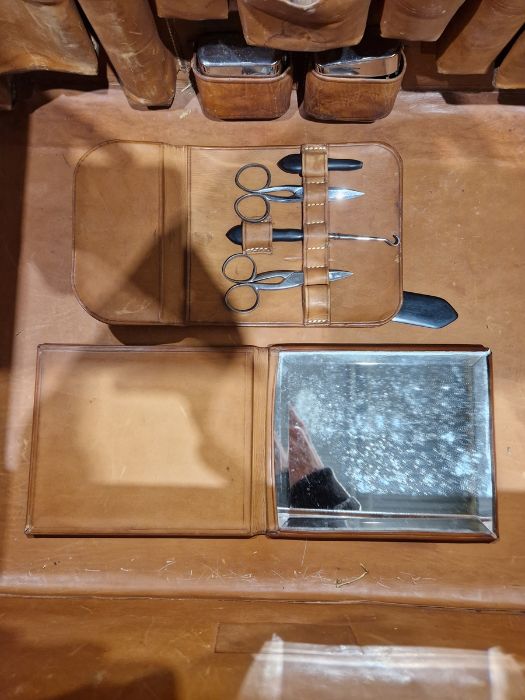 Large leather suitcase with part fitted interior of bottles, brushes, mirrors, etc, with name plaque - Image 26 of 32