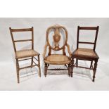 Mahogany inlaid cane-seated chair and two other slatback cane-seated chairs (3)