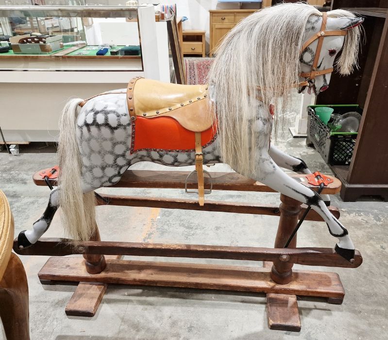 Antique rocking horse on wooden base, dappled grey with tan leather seat, 111cm high approx. - Image 3 of 3