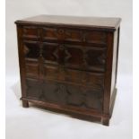 17th century oak chest of four graduating long drawers, with geometric moulding, pendant brass