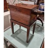 Victorian mahogany sewing box on stand enclosing various sewing items , 56 cms h. x 35.5 x 25 cms