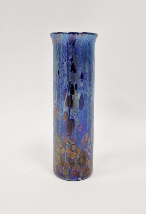 Loetz-style iridescent small cylindrical vase with flared rim, 13.5cm high