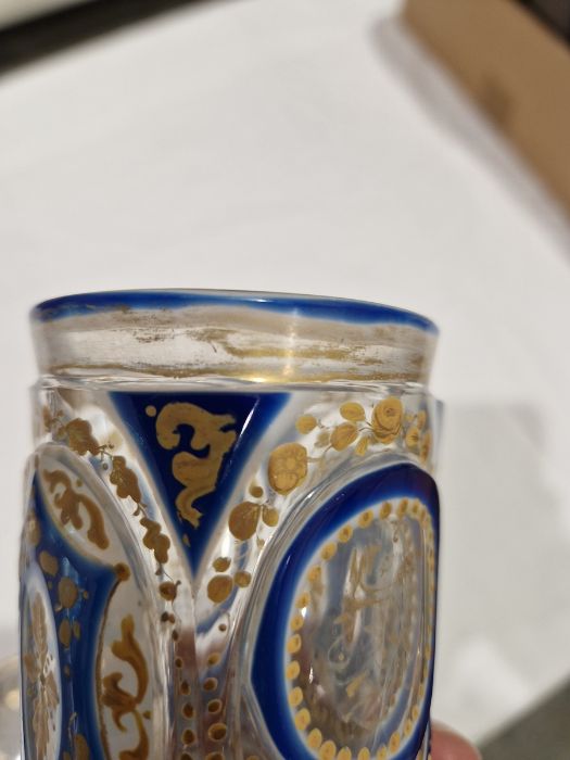 Pair of Bohemian overlay blue and gilt glass beakers on stands, with Arabic script Condition - Image 9 of 30