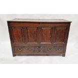 18th century oak mule chest with panelled front, four drawers to base, 87 cms h. x 131cm wide x 53