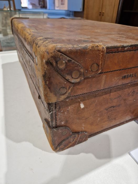 Large leather suitcase with part fitted interior of bottles, brushes, mirrors, etc, with name plaque - Image 9 of 32