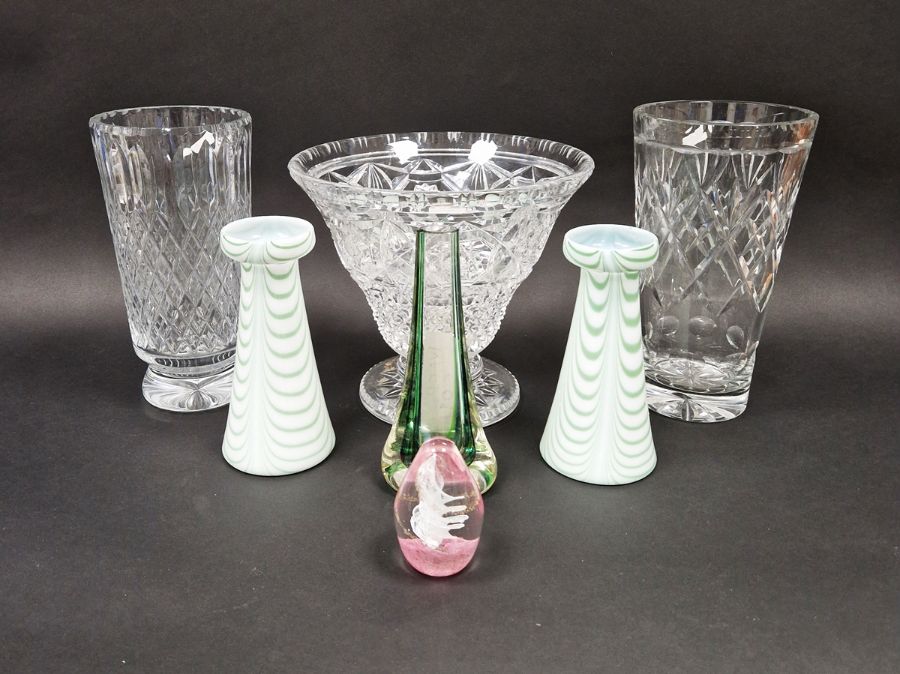 20th century Thomas Webb cut glass vase, 26cm high, a Caithness glass vase with blue and green