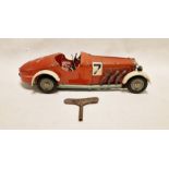 1930's Marklin tinplate clockwork constructor racing car 1101, red with no.7, 39cm approx.