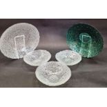 Five Pavel Panek (1945-2008) droplet bowls, three clear and one green glass, two larger and three