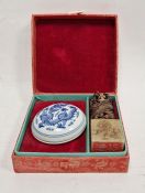 Boxed Chinese seal set with carved soapstone seal with a double-headed dragon, on square section