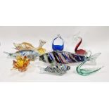 Four Murano spatter fish models, two Murano-style glass birds, a Murano-style blue glass basket