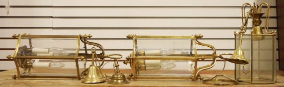A pair of brass and glass hall lanterns, 49cm each approx. and another brass and glass hall