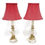 Pair of wooden table lamps with red shades, distressed silvered paint (2)