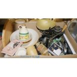 Boxed hors d'oeuvres set, ramekins, scales and a vintage mincing machine, boxed set of cheese