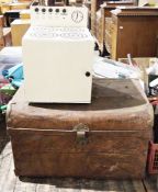 Vintage tin trunk and a child's vintage toy cooker (probably hand-made) , a wooden farm set and a