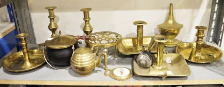 Pair rectangular base brass chamber candlesticks, a quantity of brass candlesticks and other