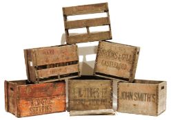 Assorted vintage bottled beer boxes, labelled Jones, Brooks & Gill, Castleford, John Smiths, etc. (