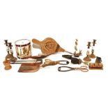 Assorted glass decanters, pair of bellows, an ice bucket formed as a drum, various wines, treen,