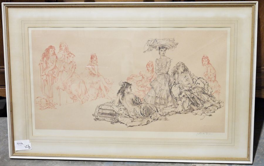 After William Russell Flint  Colour print  Groups of girls in various stages of undress, signed '