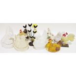 Various ceramic and glass chicken baskets for eggs and other ceramic and wooden ornamental