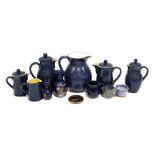 Various blue and yellow Denbyware, three coffee pots, hot water pot, etc., part Royal Crown Derby