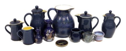 Various blue and yellow Denbyware, three coffee pots, hot water pot, etc., part Royal Crown Derby