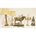 Brass table lamp in the form of a Corinthian column on a plinth, another small brass table lamp, a