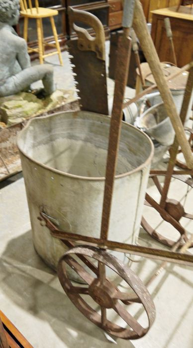 Galvanised metal large water carrier with wheels, 65cm high, a vintage pitch fork, a vintage fork - Image 2 of 2